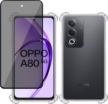 Hoesje + Privé Screenprotector geschikt voor OPPO A80 – Privacy Tempered Glass - Case Transparant