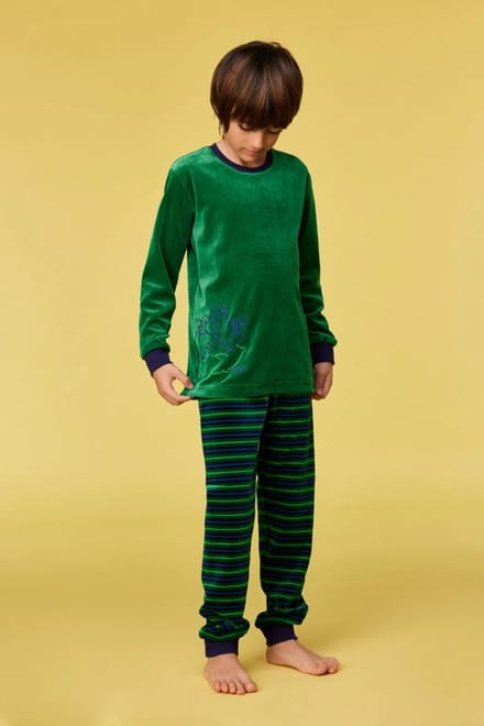 Woody pyjama jongens/heren velours - donkergroen - duif - 252-10-PLC-V/792 - maat 152