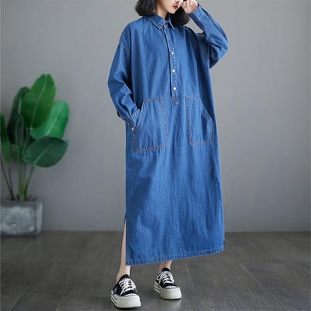 Grote Maten Herfst Dames Denim Jurk Casual Vintage Losse Oversized Jurk Lange Mouw Basic Effen Blauw 3XL blauw