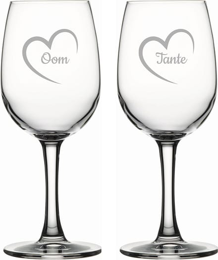 Gegraveerde witte wijnglas 26cl Tante met hartje & Oom met hartje