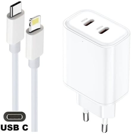 OneOne 35W snellader met 2 poorten USB C en USB C + 1,2m USB C naar Lightning kabel. Witte PD lader. Oplader adapter past op iPhone 8 t/m iPhone 14