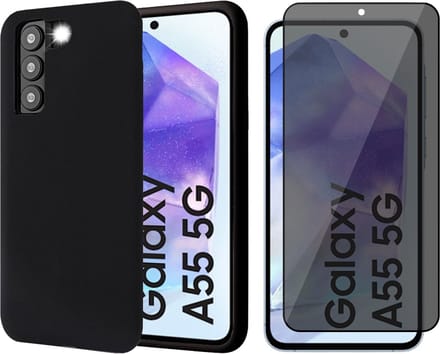 Hoesje geschikt voor Samsung Galaxy A55 - Privacy Screenprotector Volledig Dekkend Glas - Mat Back Case Zwart