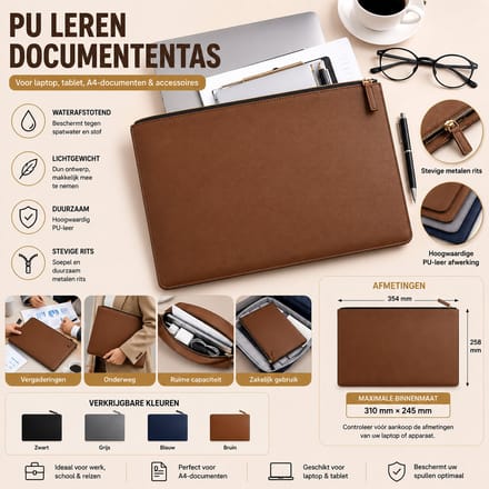 Tas PU Lederen Documententas met Rits – Laptophoes – Geschikt voor Laptop, Tablet, A4-documenten & Accessoires – Waterafstotend – Bruin