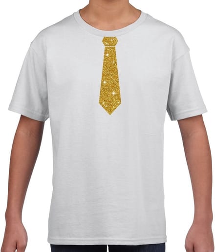Verkleedkleding t-shirt - wit - met kleine Stropdas - goud glitters - voor kinderen - carnaval 146/152