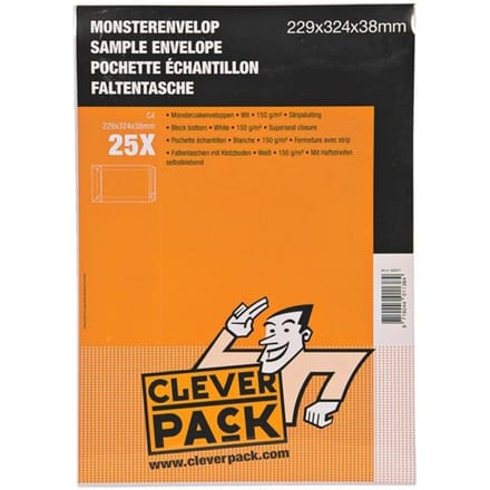 Cleverpack monsterenveloppen, ft 229 x 324 x 38 mm, met stripsluiting, wit, pak van 25 stuks