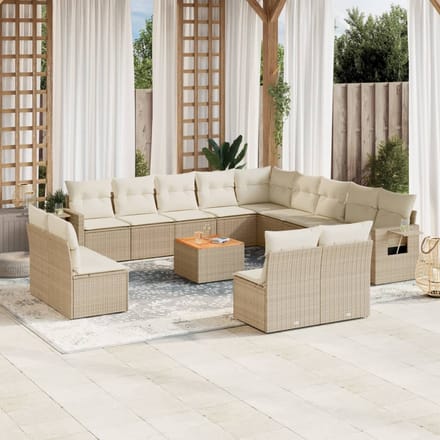 vidaXL - 14-delige - Loungeset - met - kussens - poly - rattan - beige