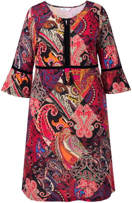 MIAMODA - Dames - Jurk patchmotief fluwelen linten - Rood - Maat 52