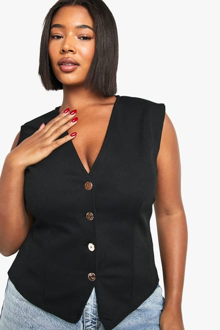 boohoo Dames Plus naaddetail taille gouden knoop vest | Black | Maat: 18
