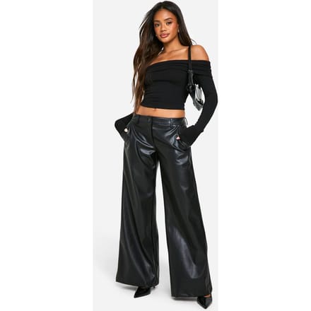 boohoo Dames Low Rise PU Wide Leg Trouser | Zwart | Maat: 44