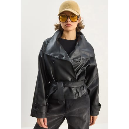 Oversized Faux Leren Jacket met Knopen Sluiting