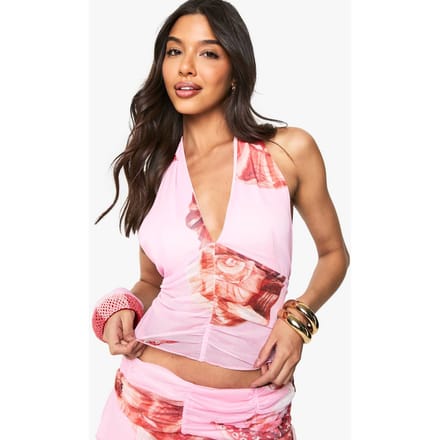 boohoo Dames Bedrukt Mesh Halter Top met geraffleerde taille | Pink | Maat: 10