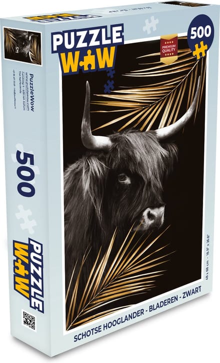 Puzzel Schotse hooglander - Bladeren - Zwart - Legpuzzel - Puzzel 500 stukjes
