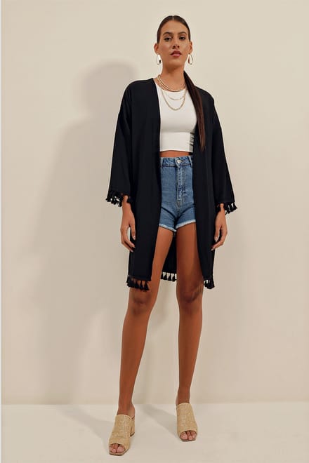 Midi Strand Kimono met Pompom Detail