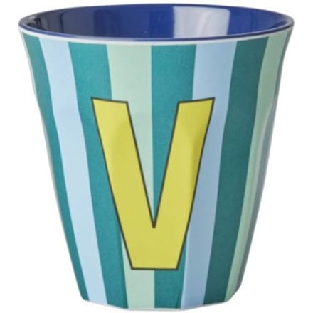 Rice melamine beker medium gestreept letter v, blauw