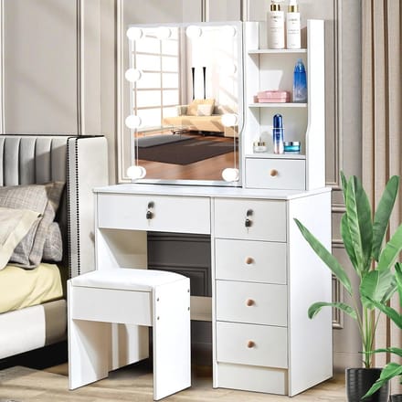 Kaptafel met Spiegel en LED Verlichting - Modern Wit met 6 Lades en Planken, 80x36x131cm