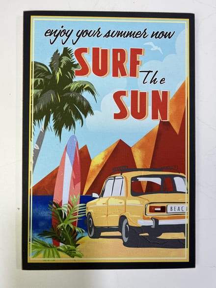 Houten wandbord beach retro surf the Sun Geel 30 x 20cm