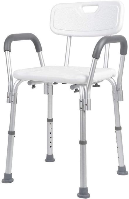 Douchestoel met Rugleuning - Badkamer Hulp - Veilig Douchen - Verstelbare Armleuningen - Max 130 kg - Wit