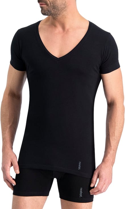 Noshirt Short Sleeve - Lite Cotton - Heren Ondershirt - Deep V - Zwart - Maat M