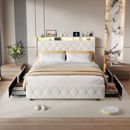 Bedframe met Lades 140x200 – LED & USB-C – Fluweel – Hoofdbord met Opbergplank– Beige