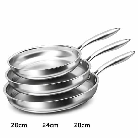 Cheffinger Koekenpannen - Set van 3 - 20cm, 24cm & 28cm - RVS - Zilver