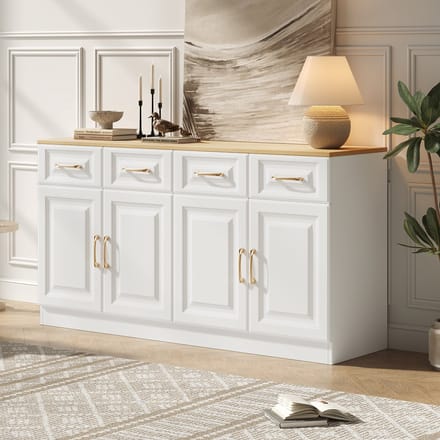 MODENUIT Dressoir - 4 Deuren En 4 Laden - Voor Keuken En Eetkamer - Spaanplaat Wit Eiken - 140x40x75 Cm