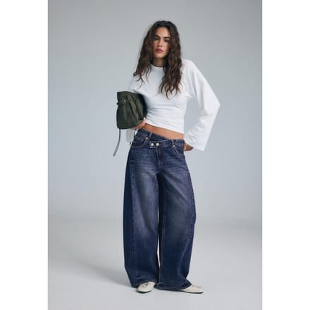 Stradivarius Baggy jeans met gekruiste taille  MIDDENBLAUWE DENIM WASSING 42