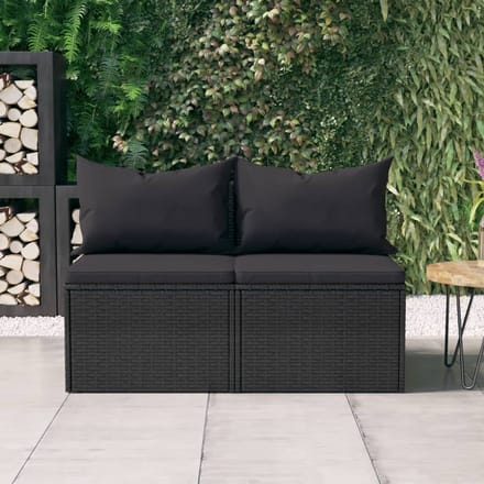 vidaXL - Tuinmiddenbanken - met - kussens - 2 - st - poly - rattan - zwart