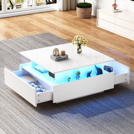Moderne salontafel 70x70x41 cm - met LED-verlichting - 2 lades en transparante display - wit