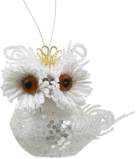 Decoratieve uil met kroon om op te hangen wit, glitter 6,5 × 8cm 6st.,