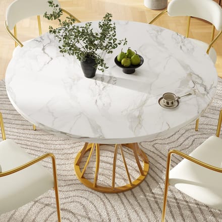 Wishdor Eettafel 80x80x76 cm van MDF en metaal, vierkant met gouden poten, elegant ontwerp