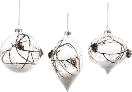 Goodwill Kerstbal met Denneappeltje Glas Transparant-Bruin-Wit 10 cm  Voordeel Ass. Per 3 Stuks