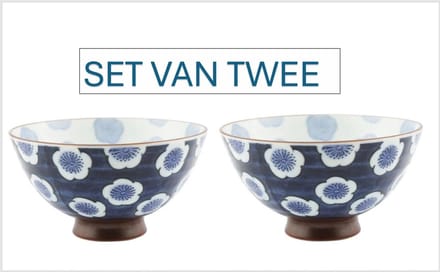 Japans rijstkommetje donkerblauw gr. bloem 12,5 x 7 cm set van 2