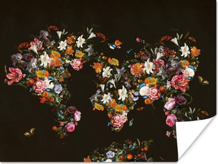 Poster - Wereldkaart - Bloemen - Insecten - 40x30 cm