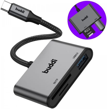 Buddi Ease USB-C SD Kaartlezer - SD Kaartlezer - Card Reader - Inclusief USB A converter - SD 3.0 - Geheugenkaartlezer - Aluminium Behuizing - Grijs
