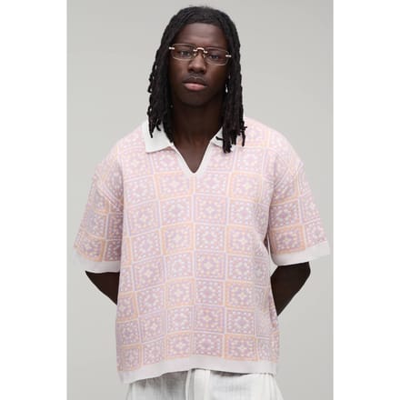 Oversized Boxy Crochet Square Knitted Polo T-Shirt | Pink | Size Small