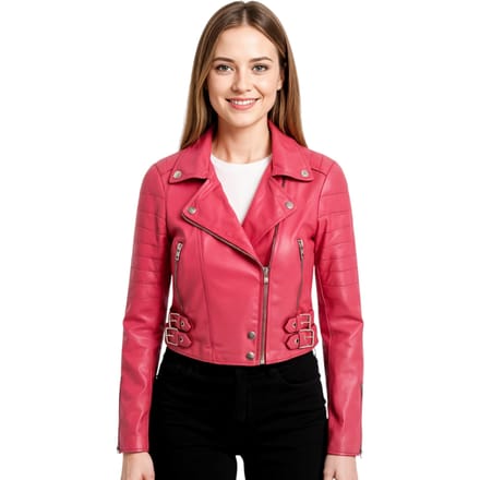 Dames fuchsia roze cropped Brando leren bikerjack - Bellville