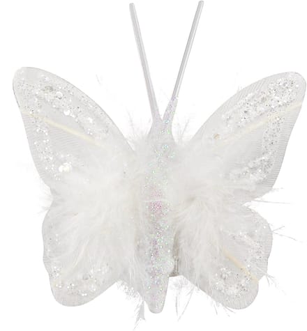 Veervlinders op clip wit glitter 5x4,5cm 4 st