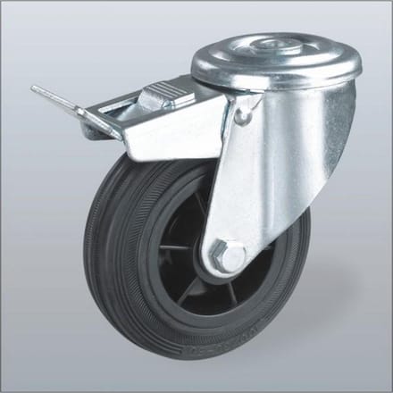 Rubber zwenkwiel geremd met centraal gat - 125mm - 120kg