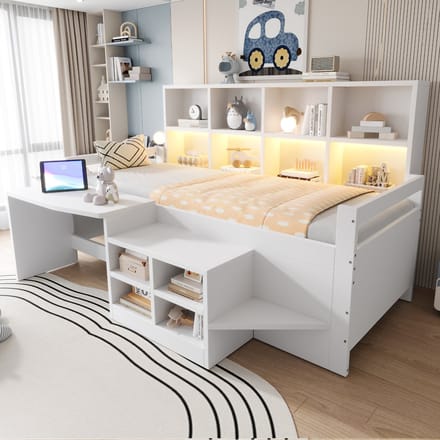 Hoogslaper - Kinderbed 90x200 Met Bureau LED Verlichting Opbergruimte Wit