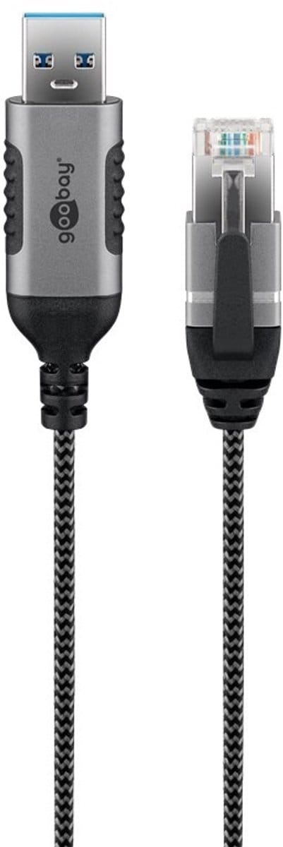 Goobay Ethernetkabel USB-A 3.0 naar RJ45 zwart 2 m, slank, CAT 6, 1 Gbit/s, Ø 3 mm, textielmantel