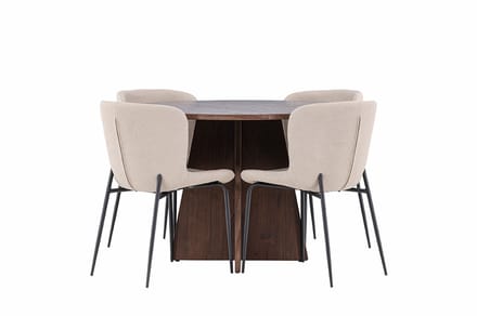Bootcut eethoek tafel Ø110cm en 4 bouclé stoelen mocca.