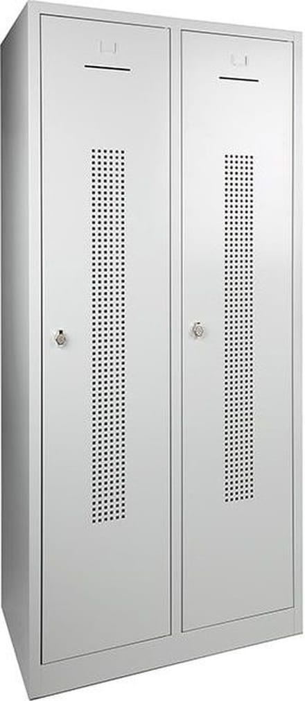 Garderobekast perfo deur breed 60CM .Sluiting Met hangoogsluiting. Aantal deuren 2. Met pootje en kleur deur Lichtgrijs