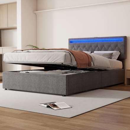 Polsterbed - 140x200cm - met LED Verlichting, USB en Type-C - Grote Opbergruimte - Grijs