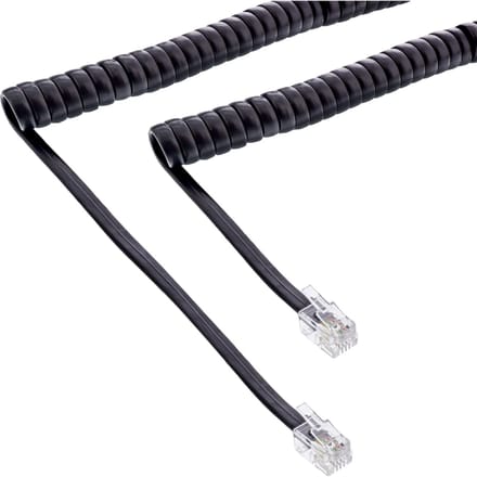RJ10 telecom crossover spiraalkabel met lang begin- of einddeel | zwart | 2 meter