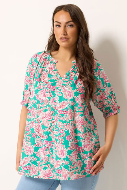 Yours Groene Paisley Top Met Ruches Aan De Hals Size 58-60