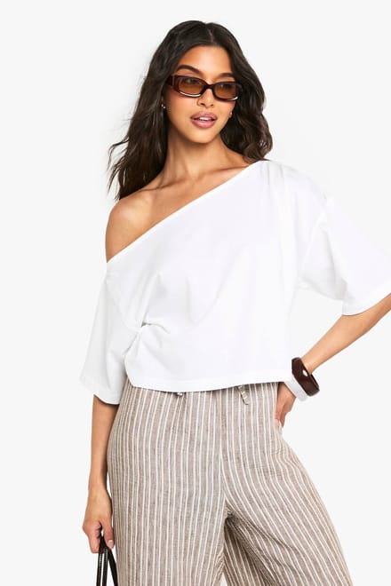 boohoo Dames Off-shoulder Boxy Crop T-Shirt | Wit | Maat: 34