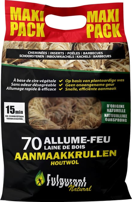 Fulgurant - 70 Houtwol aanmaakkrullen maxi pack - 100% natuurlijk - 1KG