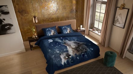 Pure dekbedovertrek wolf bij maanlicht - 2 persoons 200x200/220 cm - Blauw - Microvezel