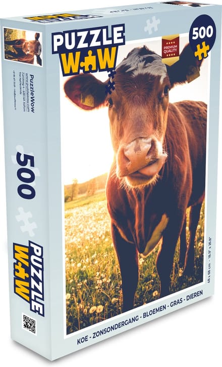 Puzzel Koe - Zonsondergang - Bloemen - Gras - Dieren - Legpuzzel - Puzzel 500 stukjes