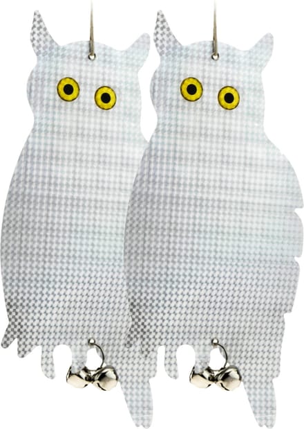 PrimeMatik - Vogelwerper Vogelwerend middel Vogelverschrikker type reflecterende uil en bellen 2-pack